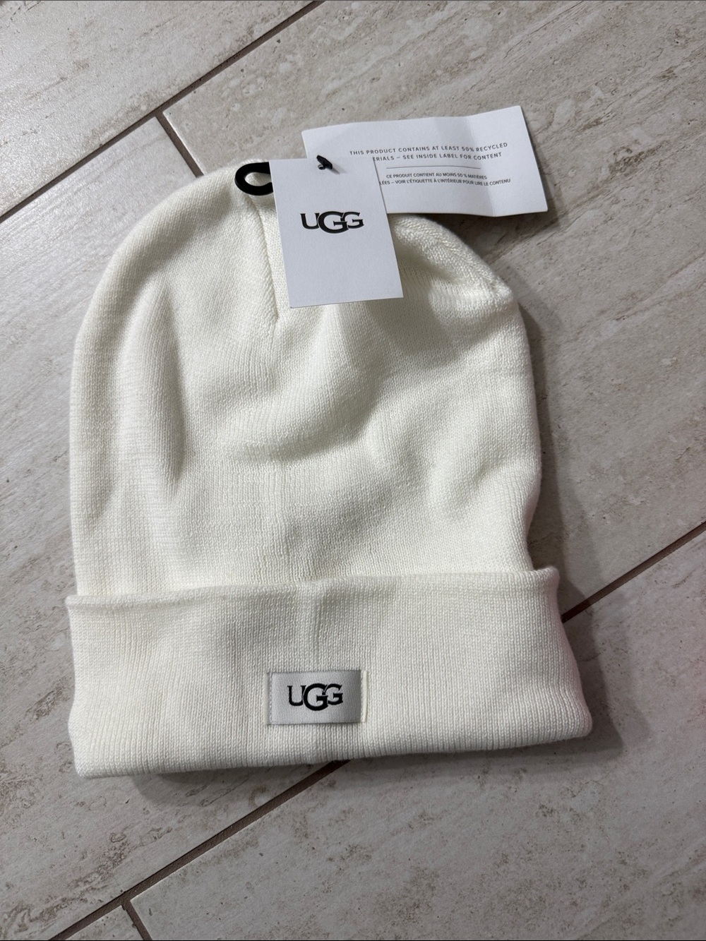 UGG ladies Off-White Knit Cuffed Beanie with logo patch …one size ..nwt